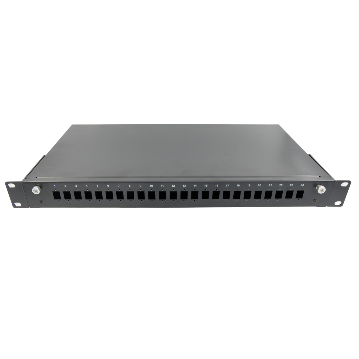 19" Patch panel de fibra óptica, 24 puertos para SC simplex con frontal intercambiable