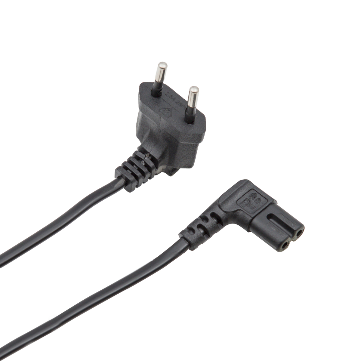 Cable de Alimentación EU 1.5m | Conector Euro Tipo C (CEE7/16) en Ángulo Recto a C7 | 2 Hilos 0.75mm² | Negro
