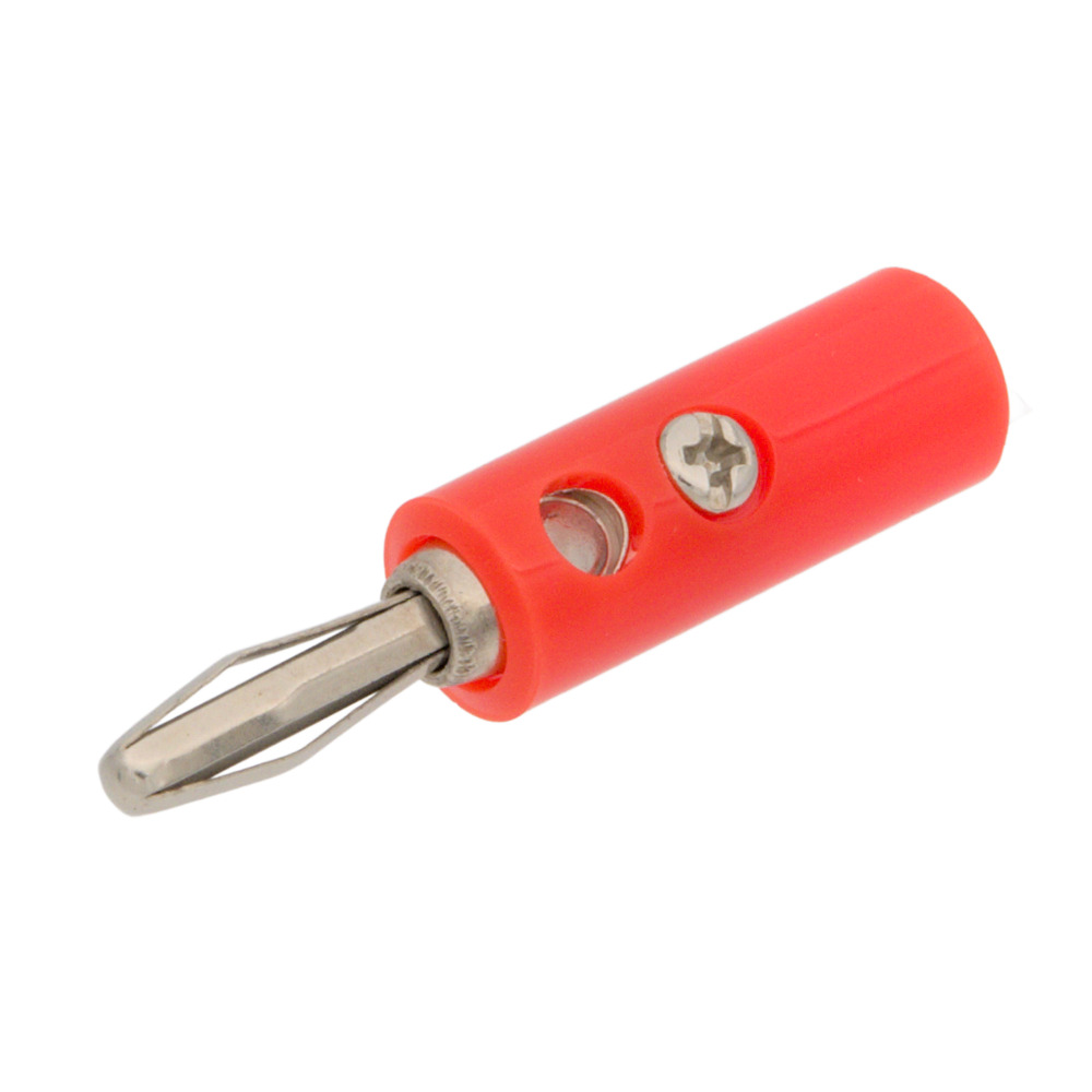4mm Male Banana Plug with 4 Contacts (4-leaf type), Red Plastic Body and Screw Thread. Contact Length: 13.5mm