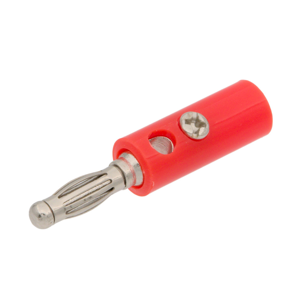 4mm Male Banana Plug with 9 Contacts (9-leaf type), Red Plastic Body and Screw Thread. Contact Length: 14.5mm