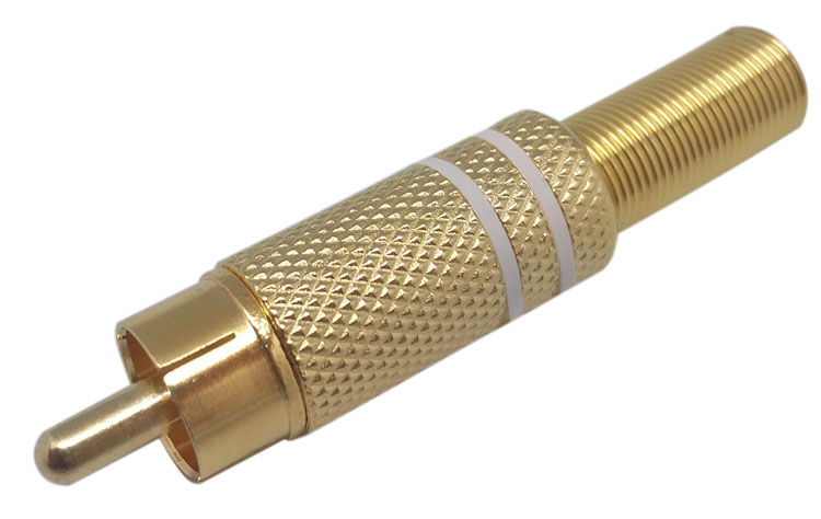 RCA MACHO DORADO, LINEAS BLANCAS, CABLE 5-6mm