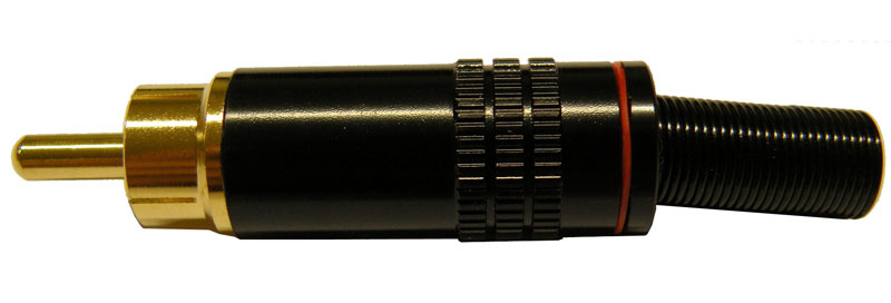 RCA MACHO DORADO, COLOR NEGRO, LINEA ROJA, CABLE 6mm