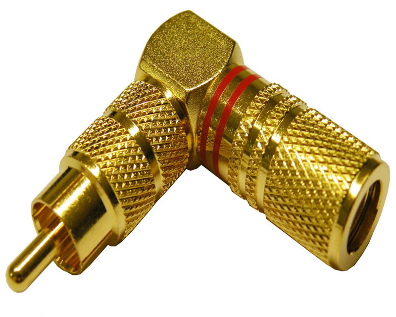 RCA MACHO ACODADO, DORADO, CABLE 8mm, LINEAS ROJAS