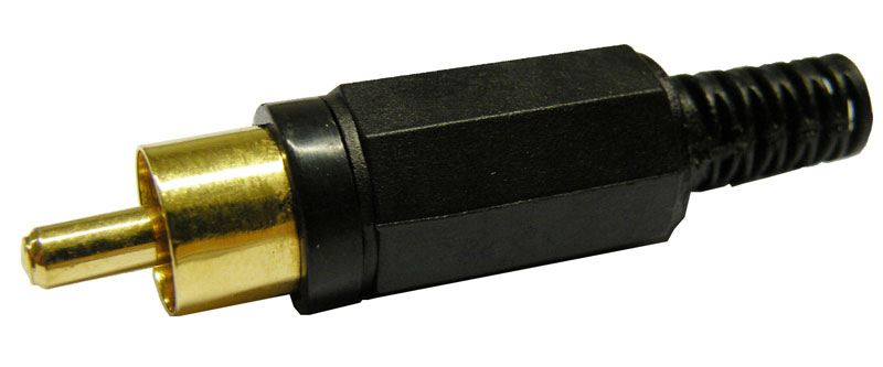 RCA PLUG, GOLD, BLACK PLASTIC