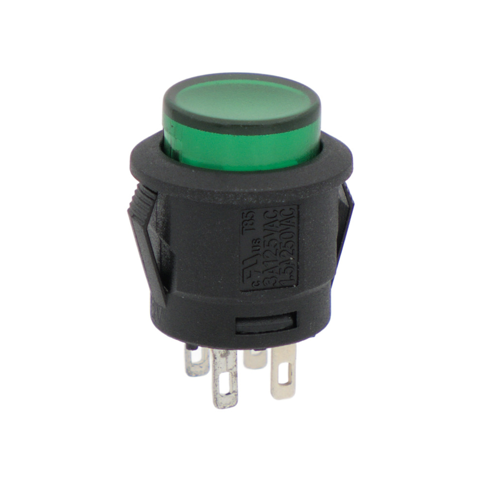 ILLUMINATED PUSHBUTTON, OPEN TYPE, 4P. 12V, Ø 15mm, GREEN COLOUR