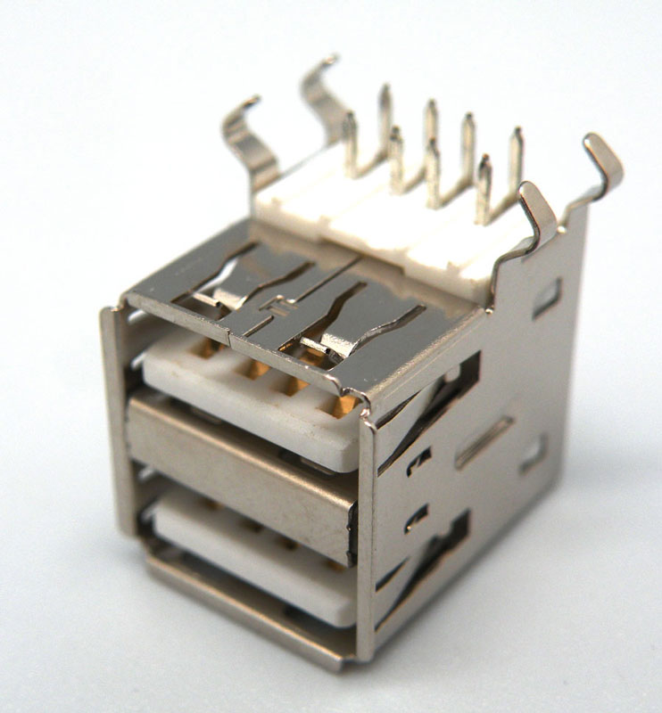 USB-A TYPE STACK SOCKET, RIGHT ANGLE, WITH SHELL