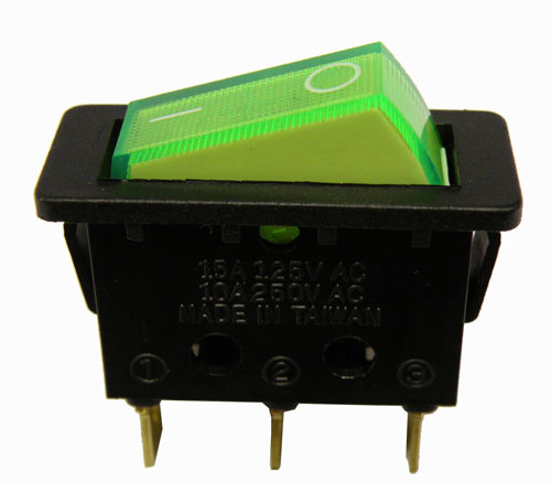 3P. ILLUMINATED ROCKER SWITCH (SPST) ON-OFF, 250V. 10A, GREEN COLOUR