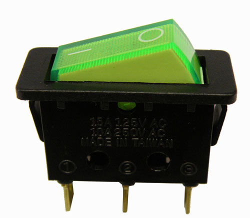 INTERRUPTOR LUMINOSO 3P. (SPST) ON-OFF,  250V. 10A, COLOR VERDE