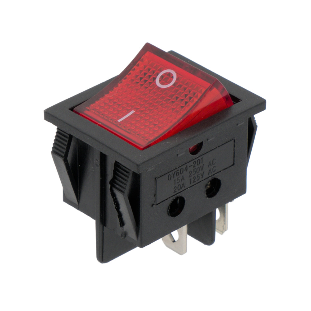 INTERRUPTOR LUMINOSO 4P. (DPST) ON-OFF,  250V. 15A, COLOR ROJO