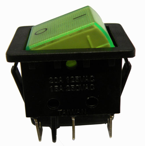 6P. ILLUMINATED ROCKED SWITCH, (DPDT) ON- ON, 250V. 15A, GREEN COLOUR