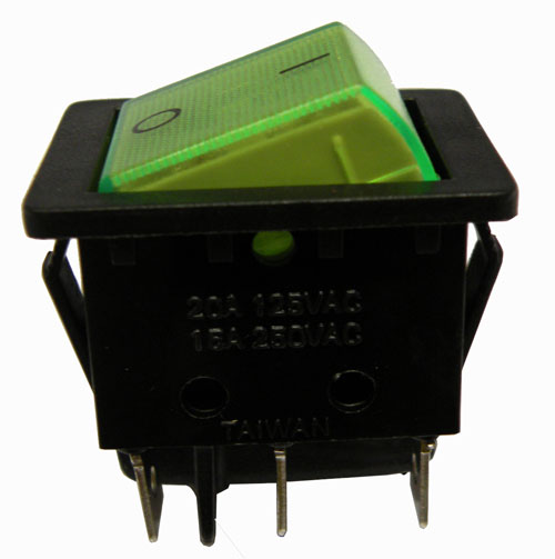 INTERRUPTOR LUMINOSO 6P. (DPDT) ON- ON, 250V. 15A, COLOR VERDE