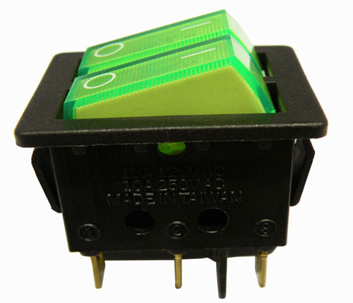 INTERRUPTOR LUMINOSO 6P. (DPDT) ON-OFF, 250V. 10A, COLOR VERDE