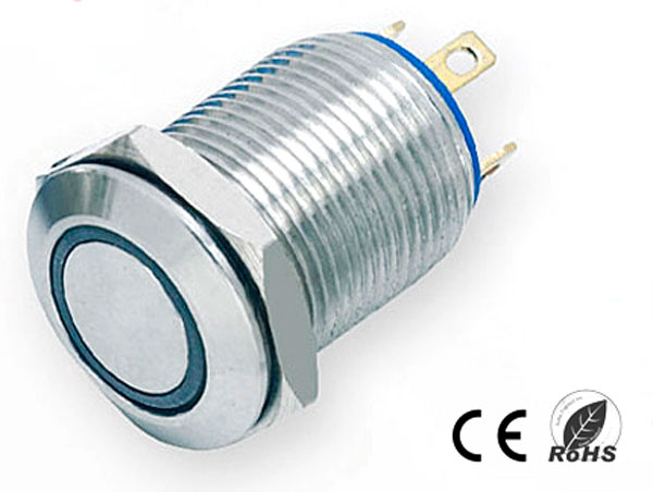 12mm. flat, pushbutton, with ring LED ligh, with 4 solder pin 12V.