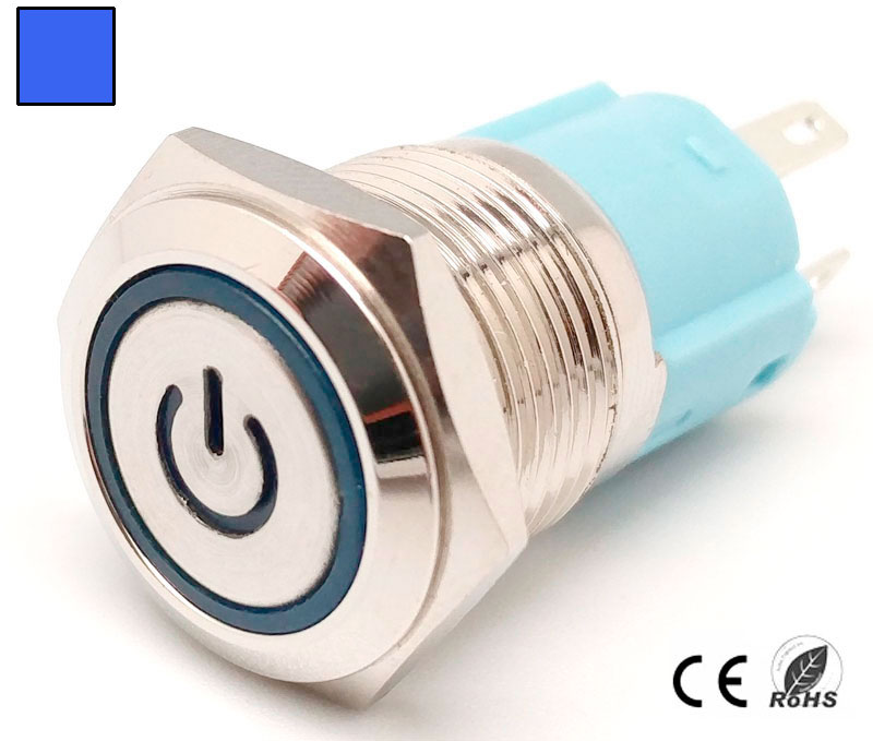 16mm. self locking switch and LED ligth, 5 solder pin 12V. Blue