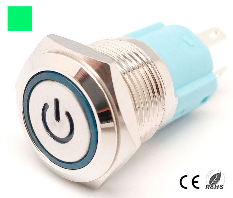 16mm. self locking switch and LED ligth, 5 solder pin 12V. Green