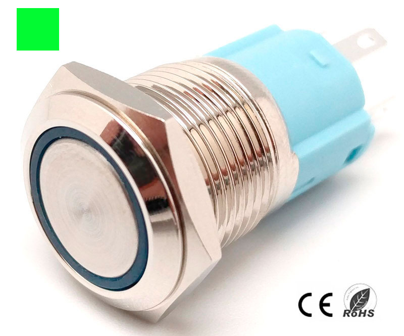 Pulsador Anti-vandálico, OFF-(ON) SPDT, LED 12V Verde