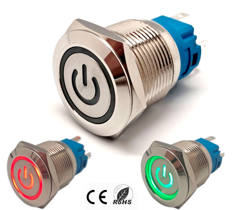 self locking pushbutton, with the picture, with ring, 2 LED color Green and red, 6 solder pin, 220V.