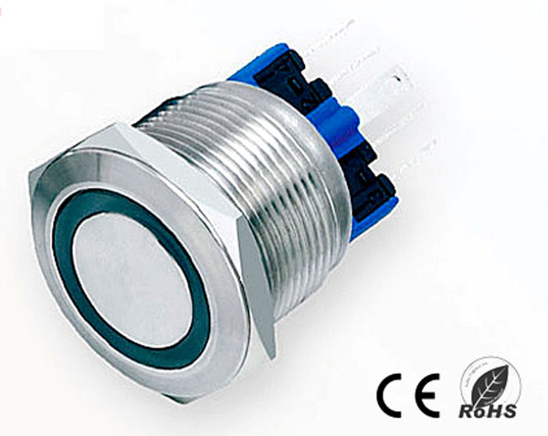 22mm. self reset pushbutton, with white ring LED, 6 solder pin 12V.