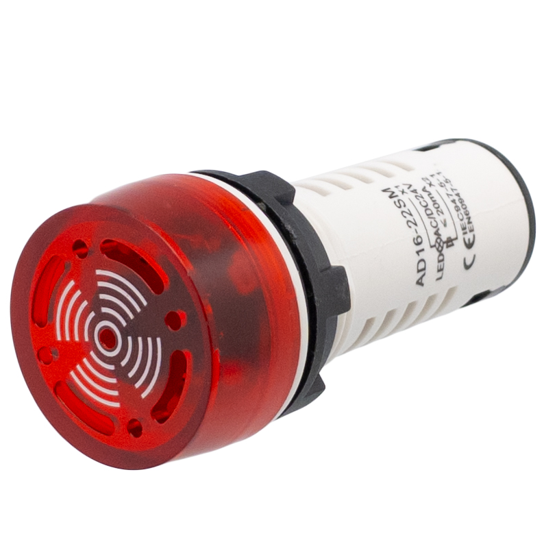 Buzzer industriel avec pilote LED rouge, 80dB, 22mm, 12V