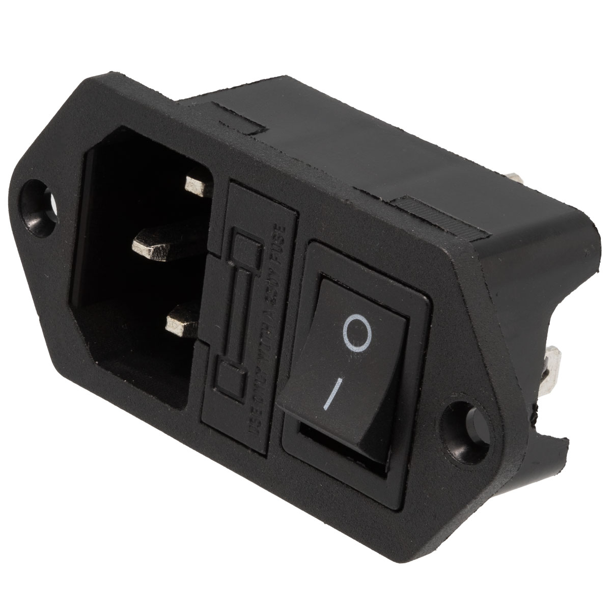 Screwed panel mount C14 AC socket W/ fuse, Terminal 4,8mm. Black switch button