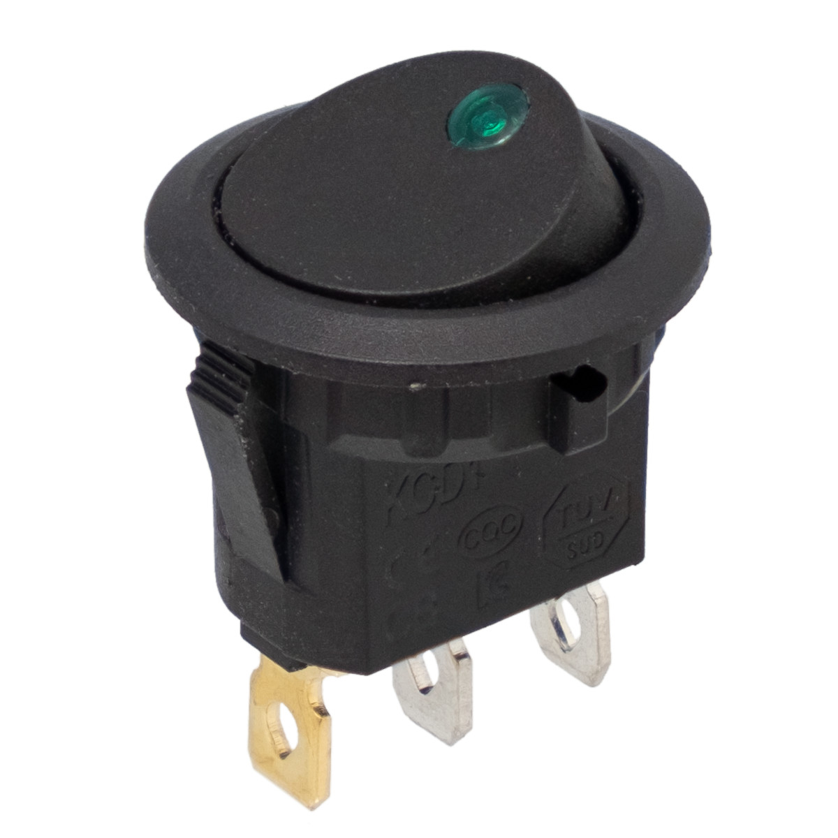 3Pin rocker switch with Green LED, SPDT ON-OFF, Ø20mm, 250V 6A (125V 10A)