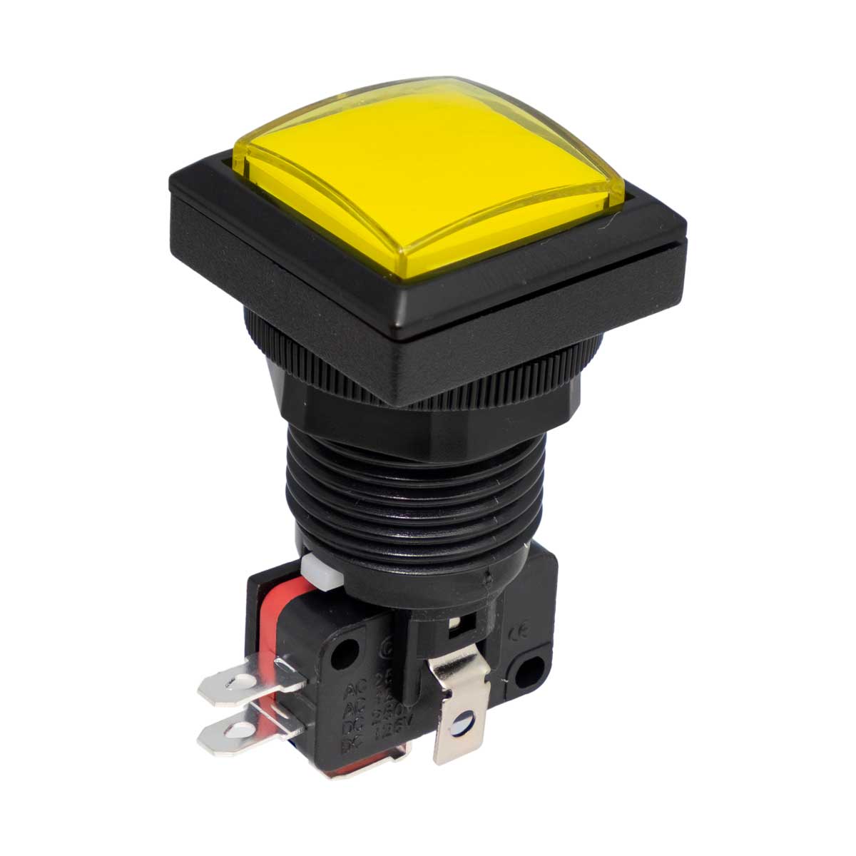 Arcade pushbutton with yellow LED, 25x25mm, Ø24mm, 16A/250V AC