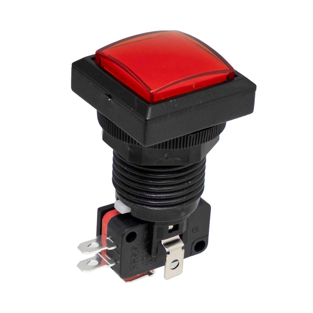 Polsador estil Arcade lluminós vermell, 25x25mm, Ø24mm, 16A/250V AC