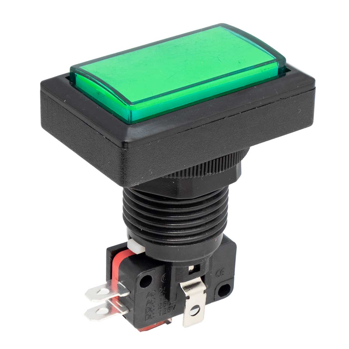 Arcade pushbutton with green LED, 41x23mm, Ø24mm, 16A/250V AC