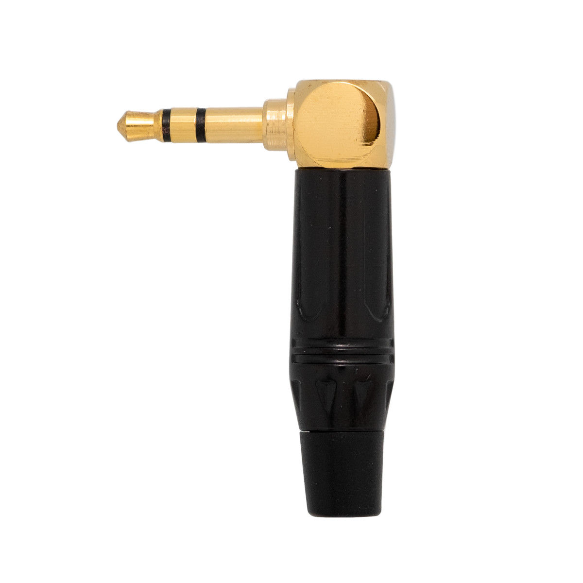 Conector Jack 3.5mm 3cont. dorado acodado  - manguito negro