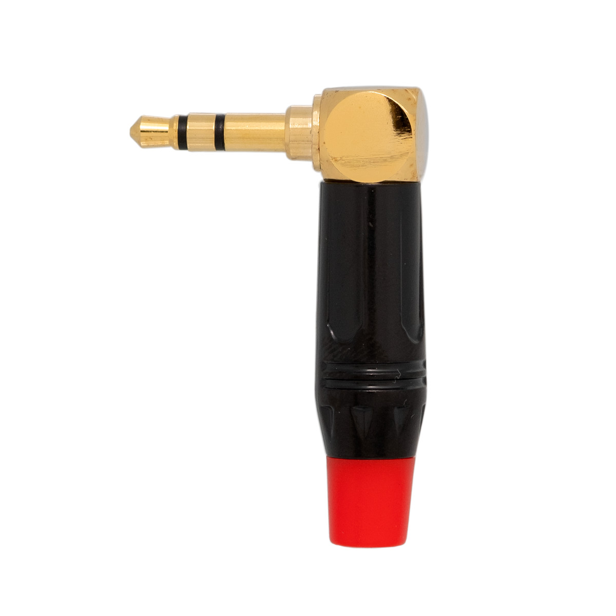 Conector Jack 3.5mm 3cont. dorado acodado  - manguito rojo