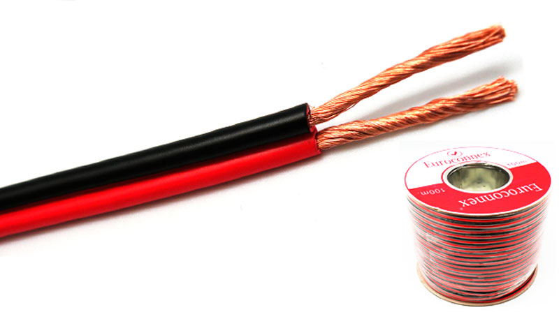 Câble de Haut-parleur Bicolore Rouge/Noir 2x2.00mm² CCA, Rouleau de 100m