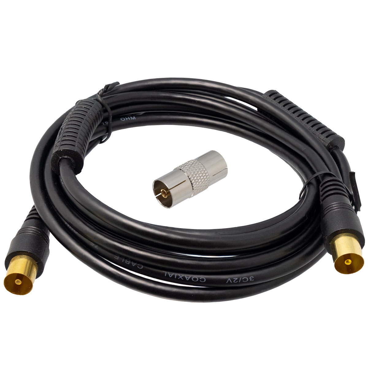 Conjunto cable de antena COAXIAL 1,5m negro con ferritas Macho - Macho y adaptador Hembra - Hembra