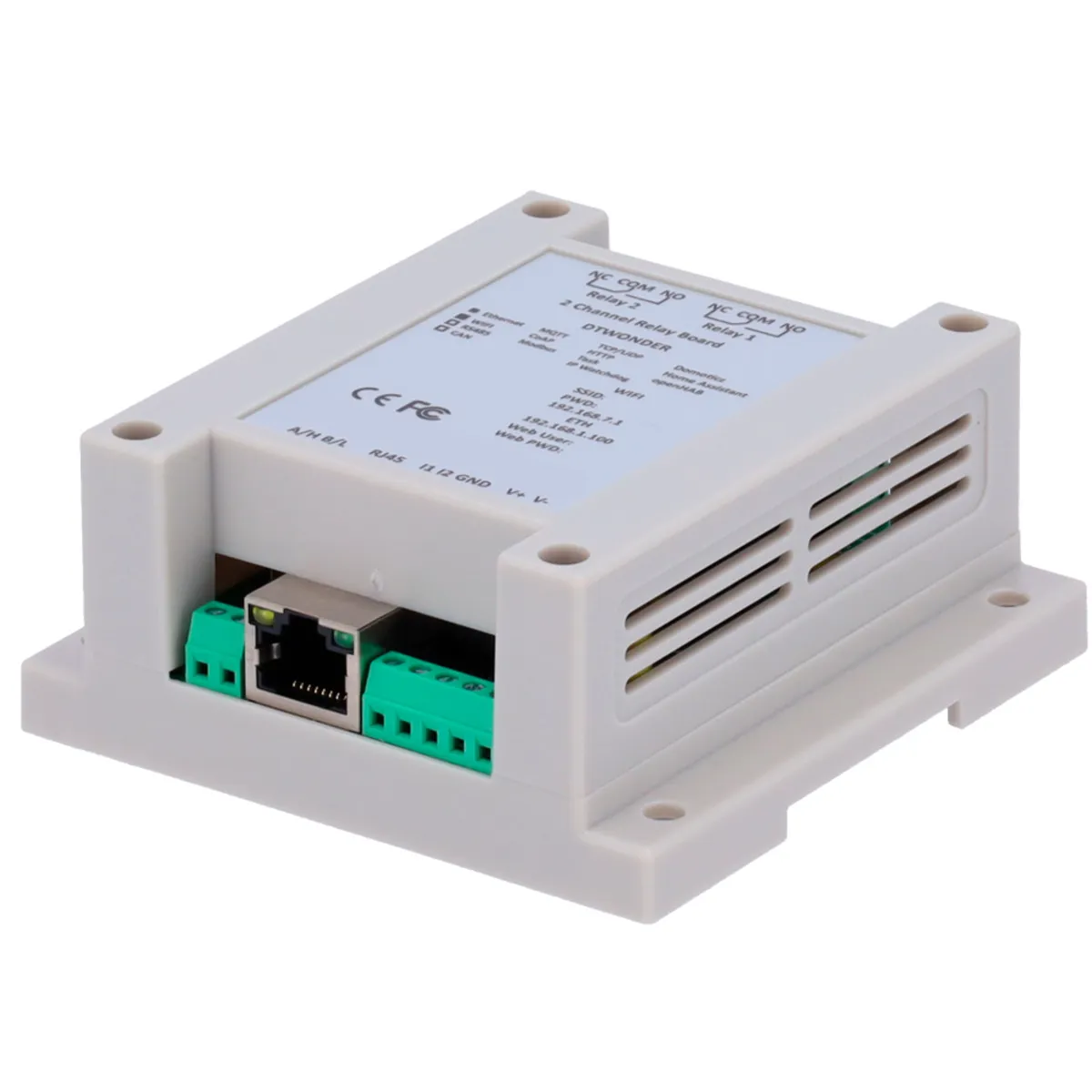 Módulo de adquisición y control de datos - 2 entradas digitales | 2 salidas de relé (NO/NC) - Protocolos: Modbus/TCP, TCP/IP, UDP, HTTP,... - Servidor web integrado - Puerto Ethernet 10/100 Base-TX | Puerto WiFi - No incluye alimentador (12VDC/1A)