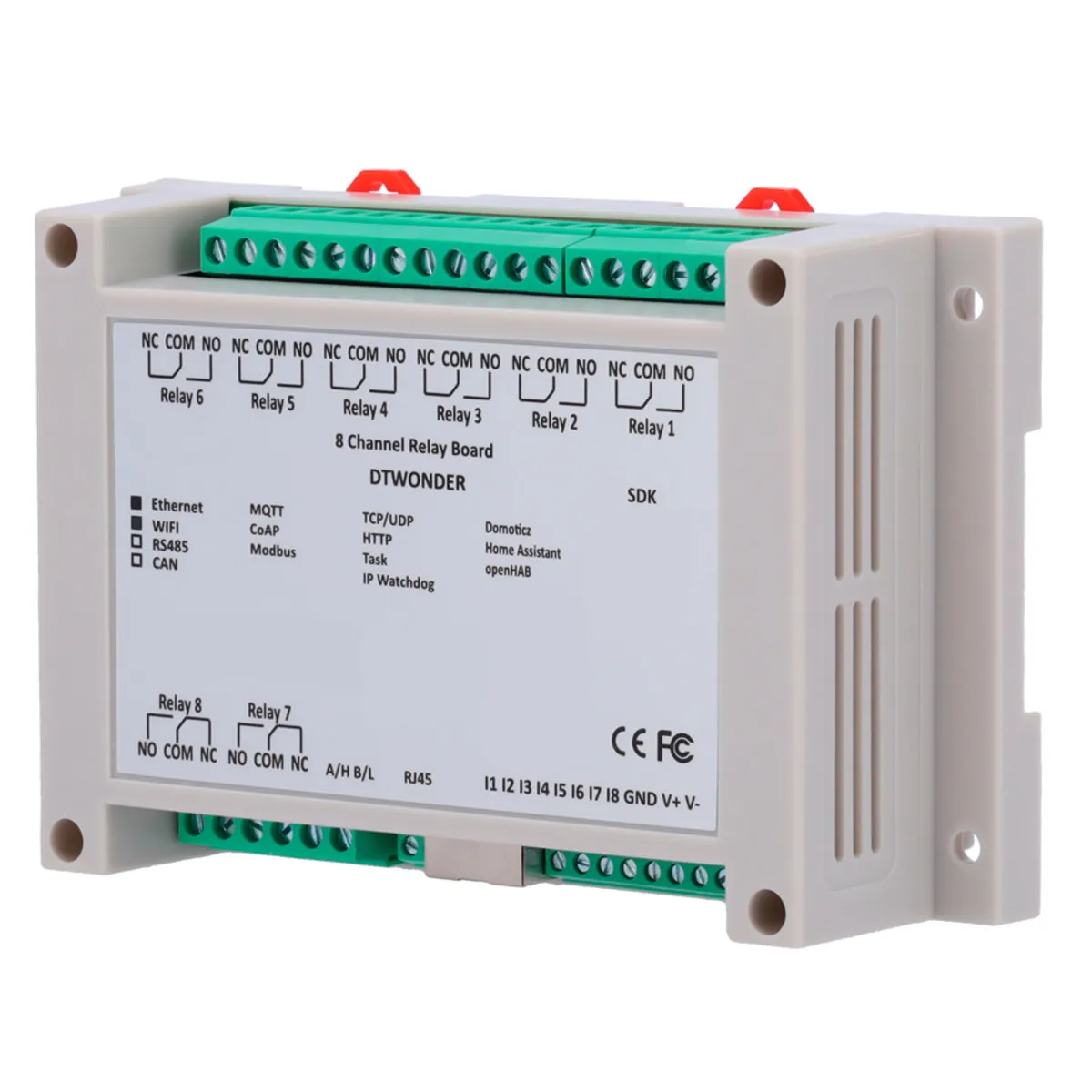 Módulo de adquisición y control de datos - 8 entradas digitales | 8 salidas de relé (NO/NC) - Protocolos: Modbus/TCP, TCP/IP, UDP, HTTP,... - Servidor web integrado - Puerto Ethernet 10/100 Base-TX | Puerto WiFi - No incluye alimentador (12VDC/1A)