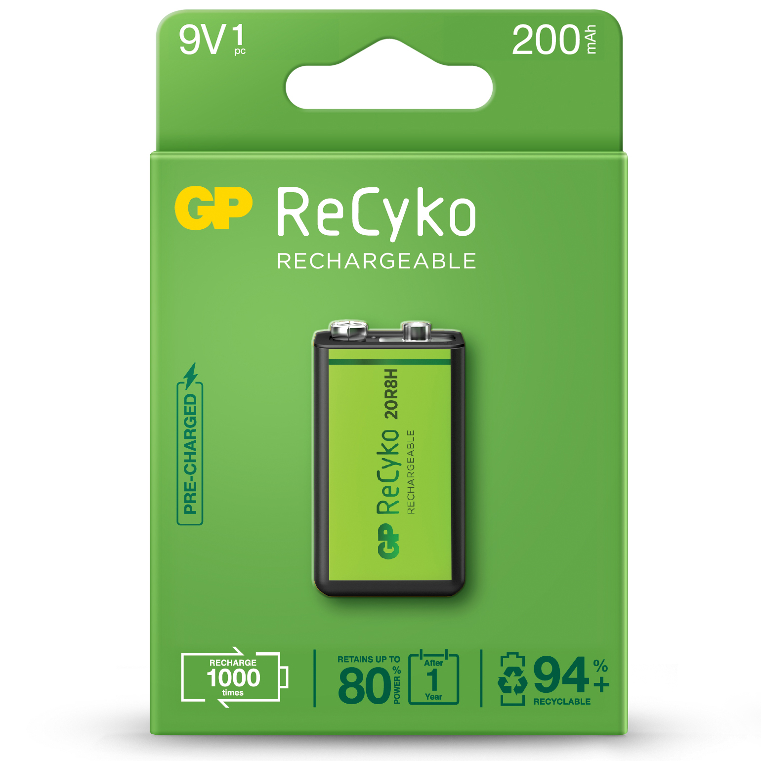 9V, LR09 RECYKO recarregable 200mAh - Blister 1u.