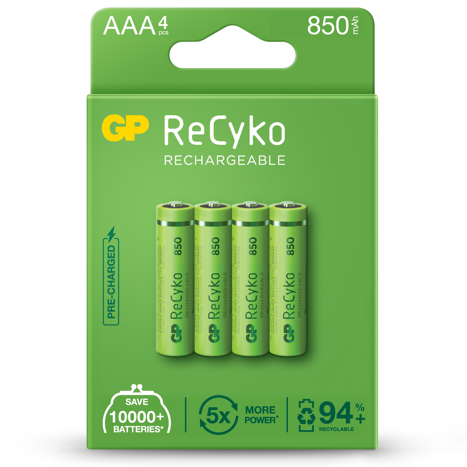 AAA, LR03 RECYKO recarregable 850mAh - Blister 4und.