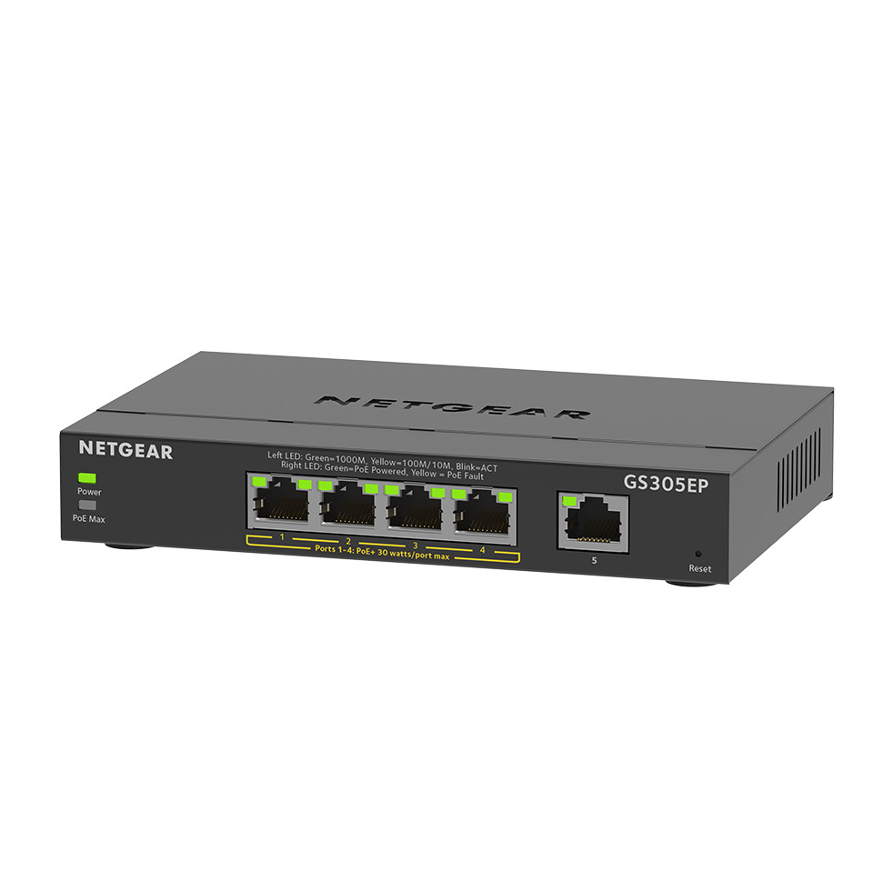 ProSafe Gigabit Ethernet Switch 5 ports 4 x PoE+ (63W) (Sobretaula) Monitorització, VLAN, Prioritza