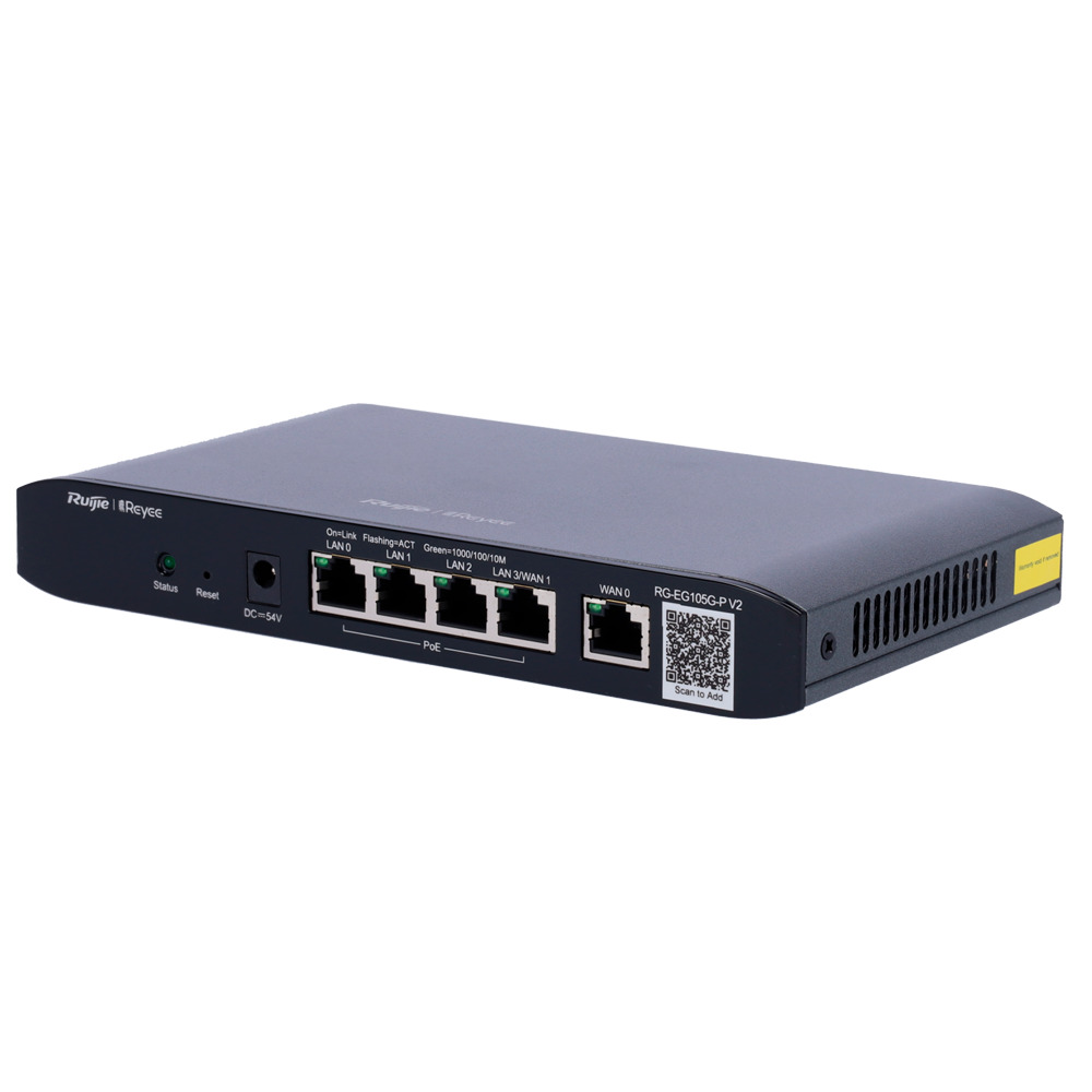 Reyee Router Controlador Cloud -  5 Puertos RJ45 1Gbps - 4 Puertos PoE+ 802.3af/at / Máximo 54W - Admite hasta 2 WAN para failover o balanceo - Hasta 600Mbps de ancho de banda 