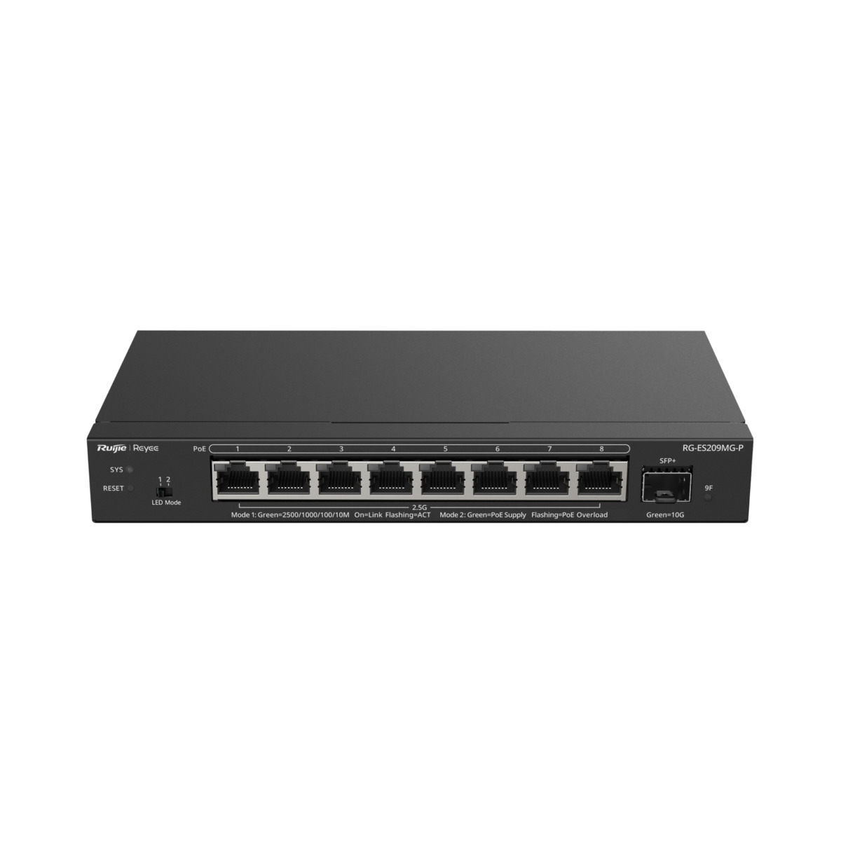 Reyee Switch PoE Cloud Capa 2 - 8 puertos PoE MultiGigabit+ 1 10Gbps SFP+ -  PoE 802.3af/at hasta 30w / Máximo 130W - Static LAG/DHCP Snoop/Port Mirror - VLAN/Port Isolation/PoE Watchdog - Enrackable