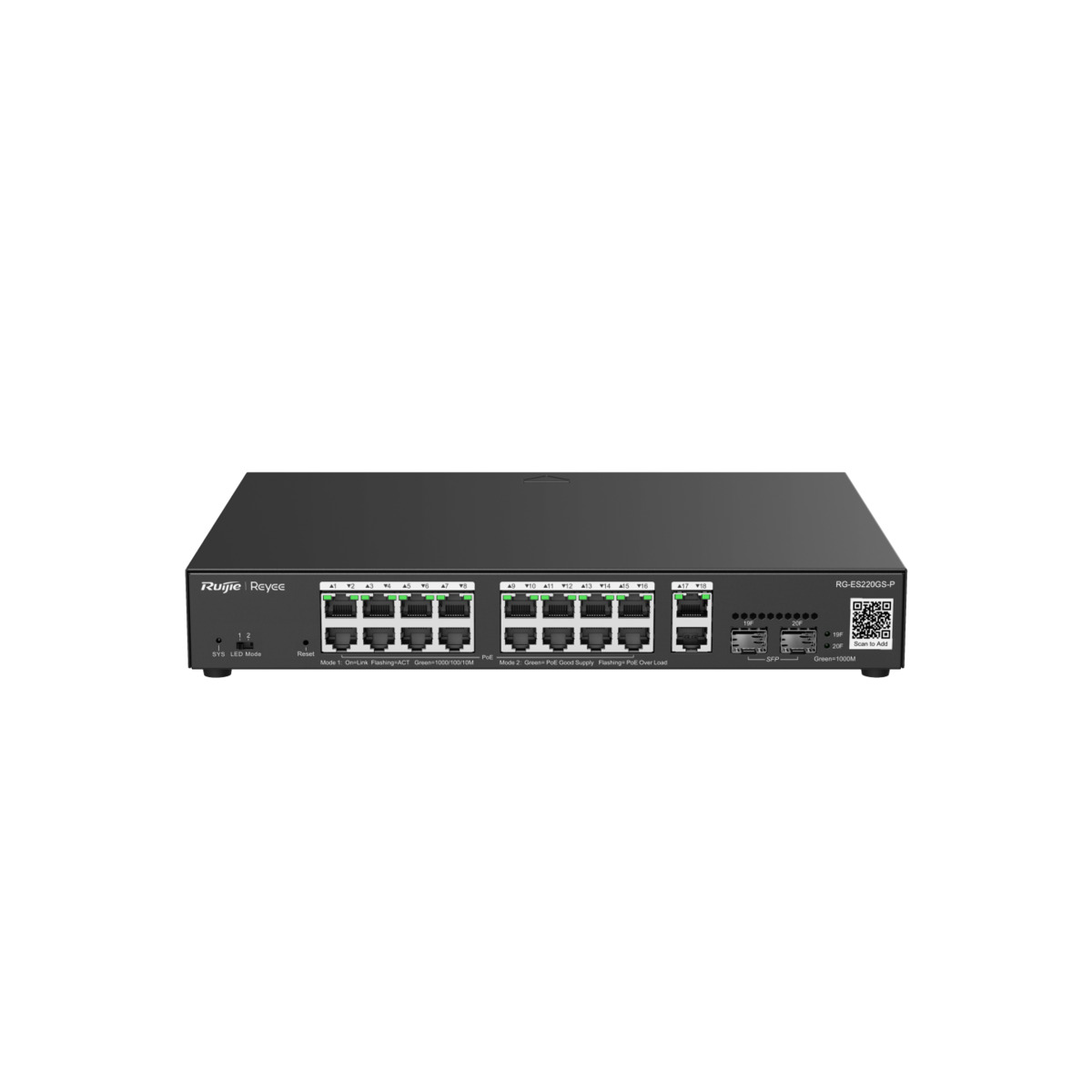 Reyee Switch PoE Cloud Gestionable - 16 PoE 802.3af/at + 2 SFP + 2 uplink RJ45 - Máximo 250W