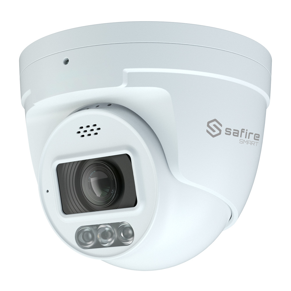 Safire Smart - Cámara Turret IP gama I1 con Disuasión activa - 4Mpx - Lente 2.8-12 mm | MIC & Speaker | Duallight 40m - AI: Clasificación de humano y vehículo - PoE - IP67