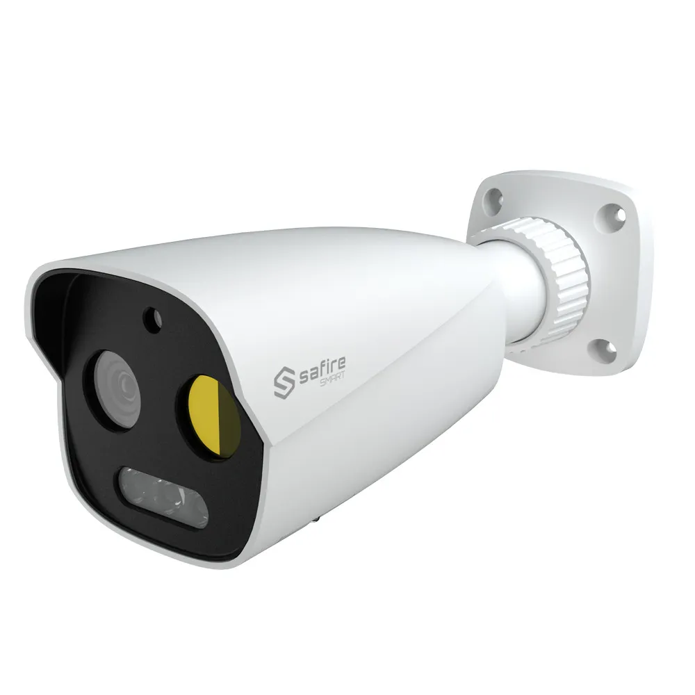 Cámara térmica Dual Bullet IP Safire Smart - Sensor térmico 256x192 VOx | Lente 3.2 mm - Sensor óptico 1/2.7” 5Mpx | Lente 4 mm - AI clasificación de humano y vehículo