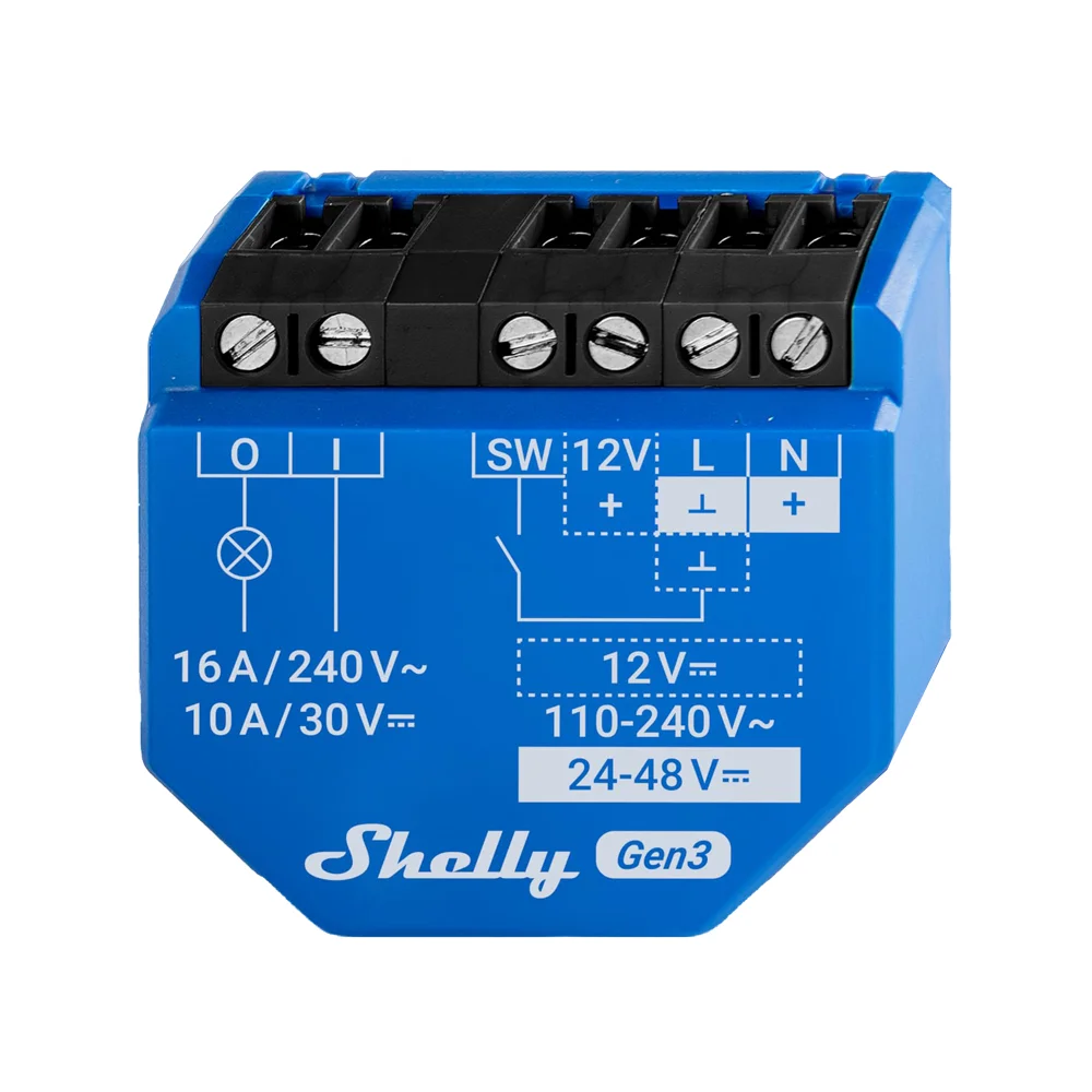 Shelly 1 Gen3 - WiFi 2.4 GHz IEEE802.11 b/g/n / Bluetooth -  Interruptor inteligente  - Soporta 110-240 V~24-48 V⎓12 V⎓ - Ofrece contactos secos - Compatible con Alexa y Google