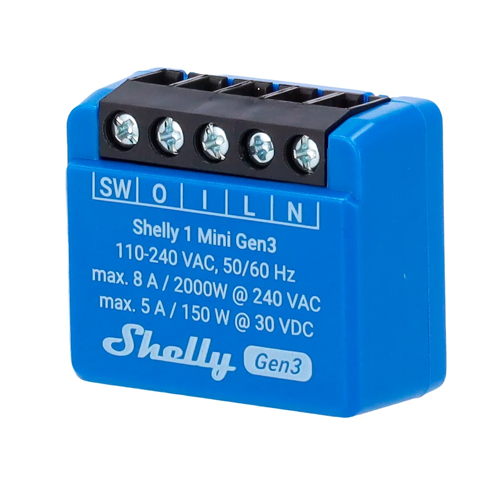 Shelly 1 Mini Gen3 - WiFi 2.4 GHz IEEE802.11 b/g/n / Bluetooth - Interruptor inteligente  - Soporta alimentación AC - Ofrece contactos secos - Compatible con Alexa y Google