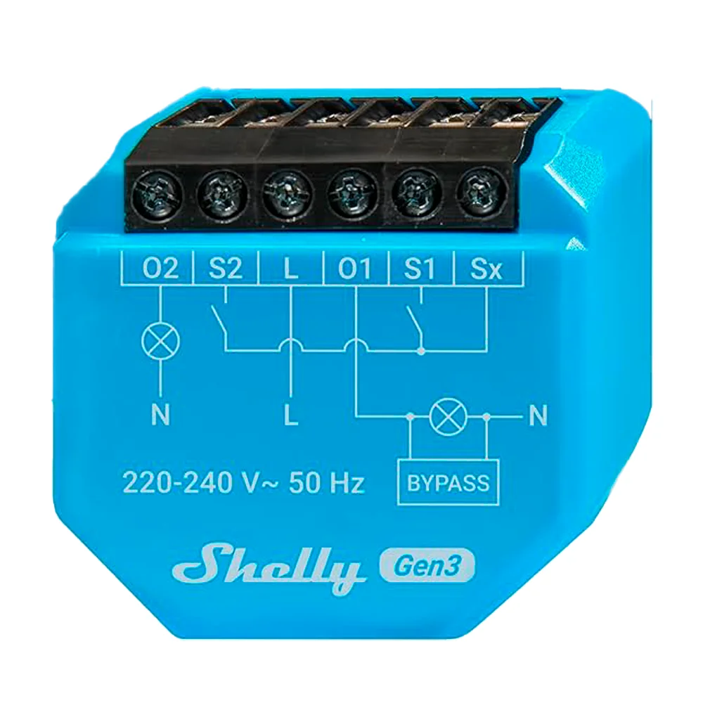 Shelly 2L Gen3 - WiFi 2.4 GHz IEEE802.11 b/g/n / Bluetooth -  Interruptor inteligente / Sin Neutro - Soporta 220-240 V~50Hz - Bypass 1L/2L - Compatible con Alexa y Google