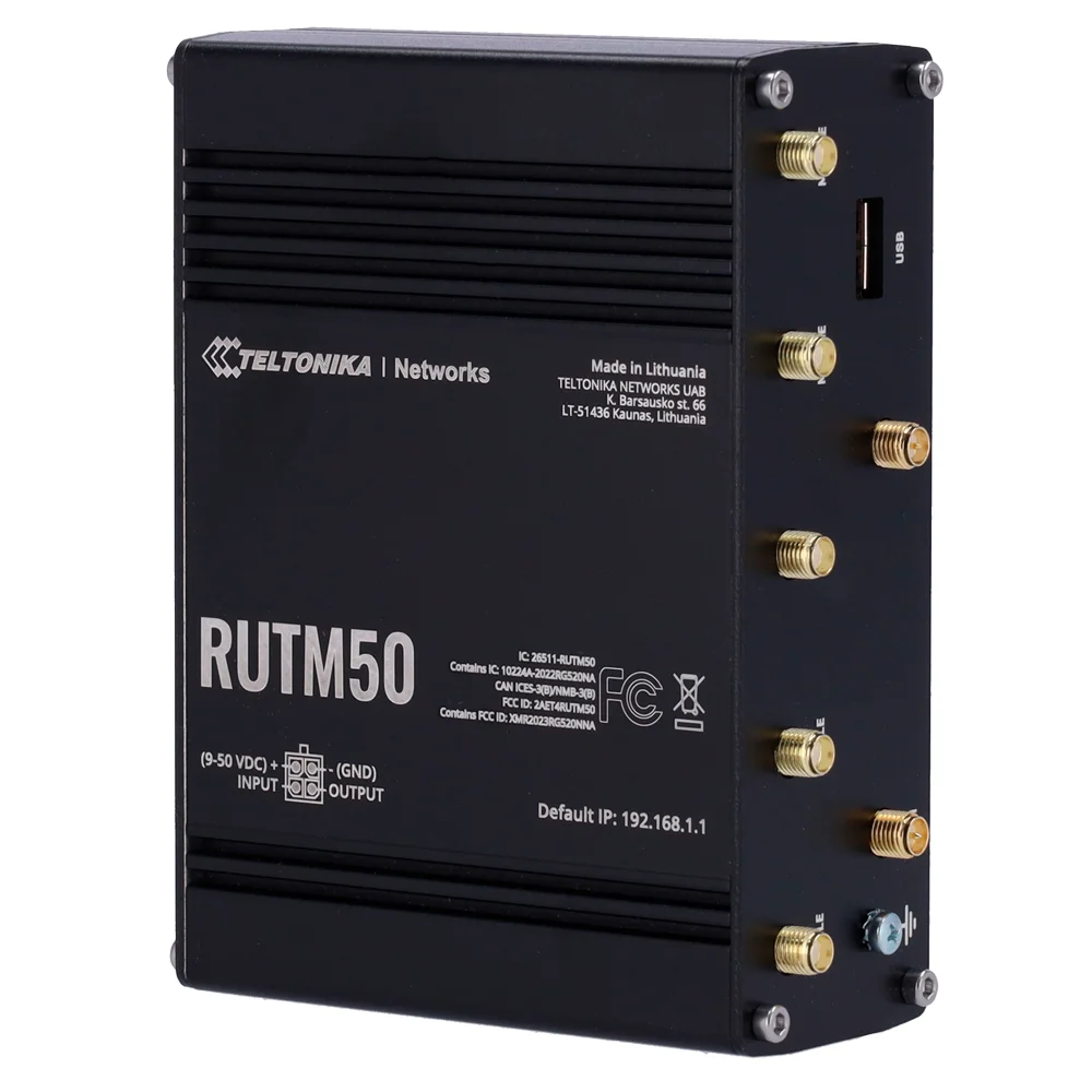 Teltonika Router Industrial 5G - 5G Sub-6Ghz SA/NSA Doble SIM - 5 puertos 10/100/1000Mbps - Hasta 3,4Gbps Descarga | 550 Mbps Subida  - WiFi 802.11 b/g/n/ac | Posicionamiento GPS - Carcasa Aluminio