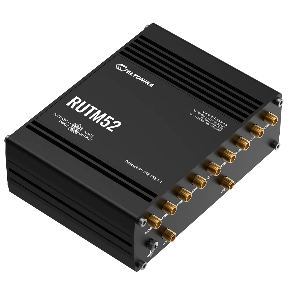 Teltonika Router Industrial 5G - Doble modem 5G Sub-6Ghz SA/NSA - 5 puertos 10/100/1000Mbps - Hasta  2.1/3.3Gbps Descarga  900/600Mbps Subida  - WiFi 802.11 b/g/n/ac - Carcasa Aluminio