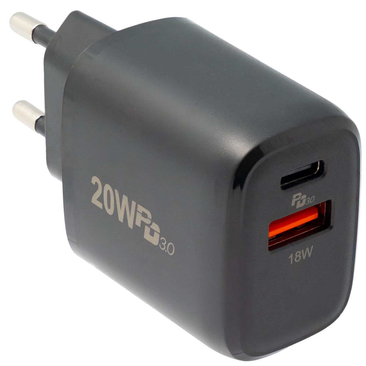 USB-C & USB-A wall plug charger 20W, Black