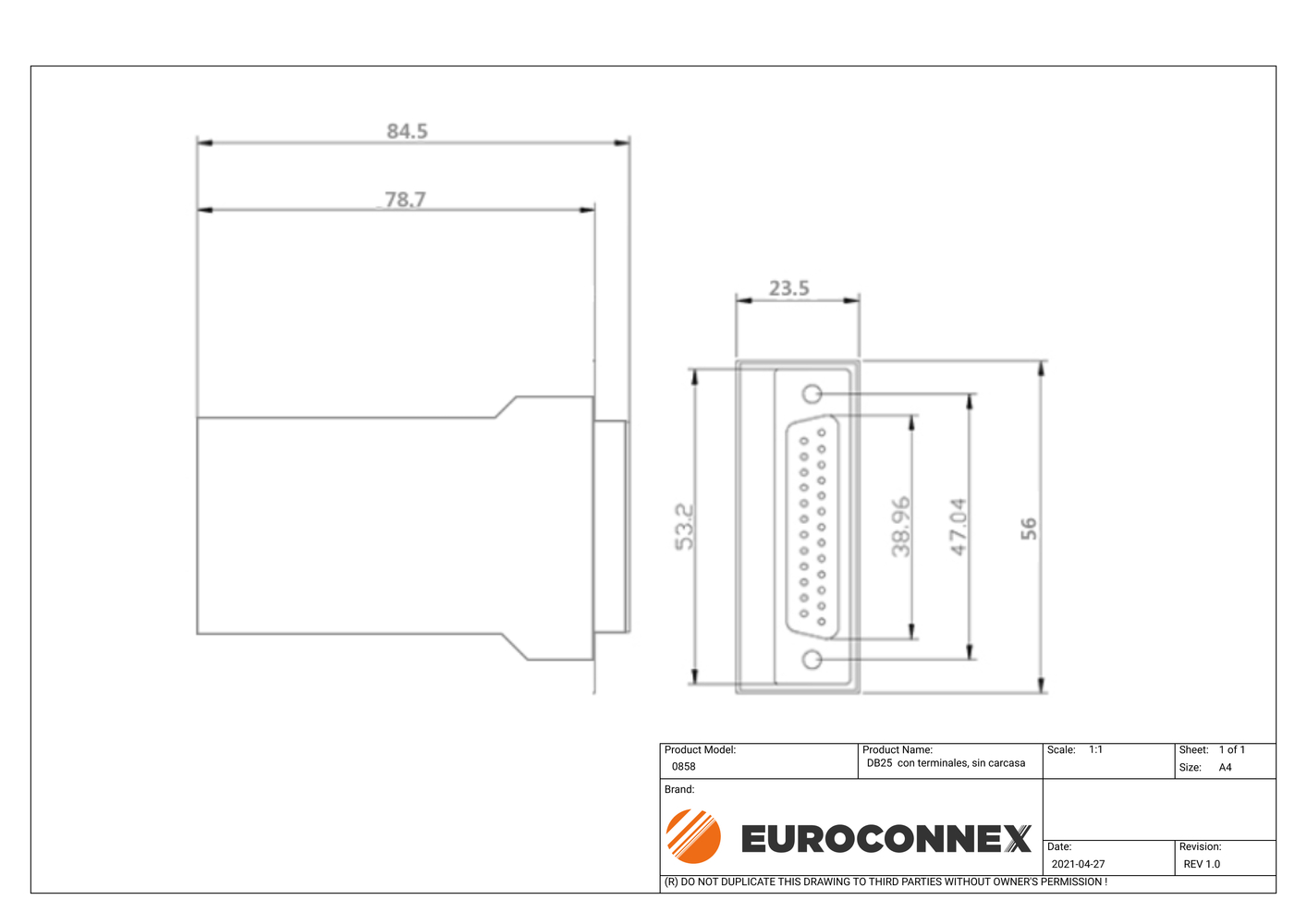 DB25 Hembra con terminales, sin carcasa