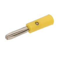 Connecteur mâle de type banane de 4 mm avec 4 contacts (type 4-leaf), corps en plastique jaune et vis de fixation. Longueur du contact : 19,5 mm